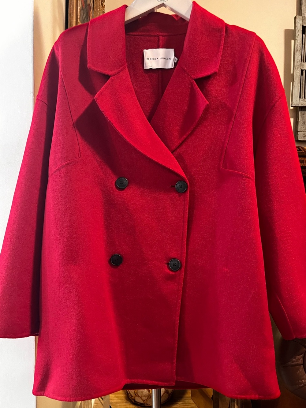 $458 Rebecca Minkoff Bright Red Double-Breasted Pea Coat Wool Blend in Lipstick